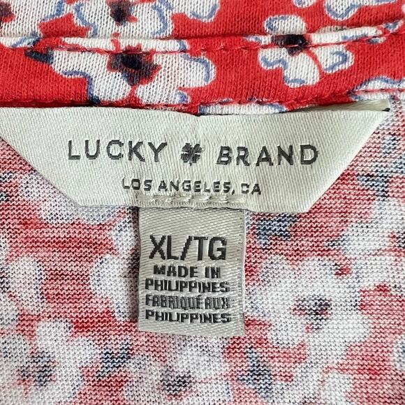 Lucky Brand Womens Knit Top XL Red White Floral Print Scoop Neck Cotton Modal - Picture 4 of 7